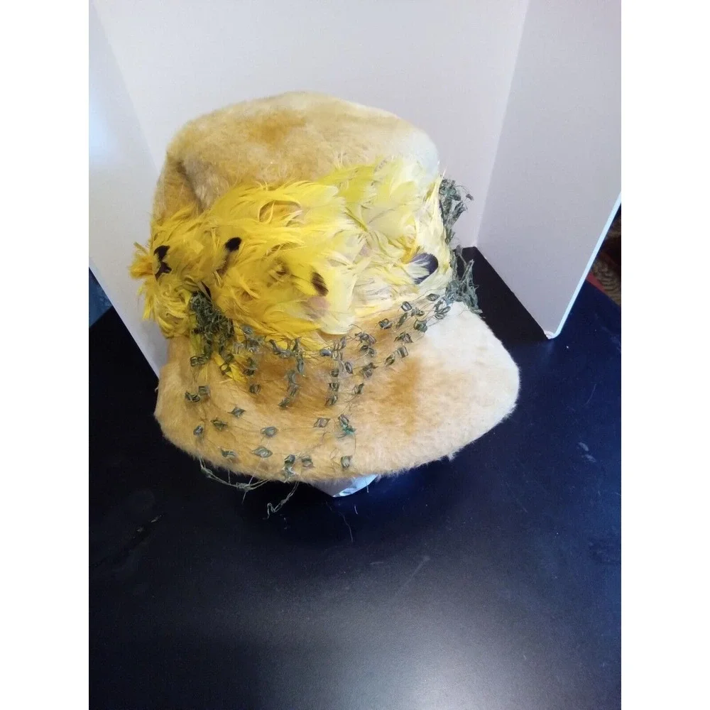 Vintage Mr Josephs New York Yellow Felt‎ Pillbox Hat Feathers Netting Austria